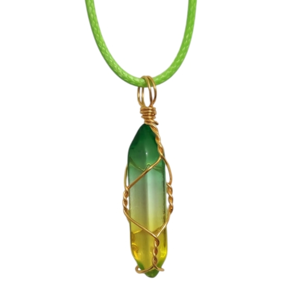 14K‎ Gold Wrapped Green Aura Quartz Crystal Point Necklace Chakra Balancing